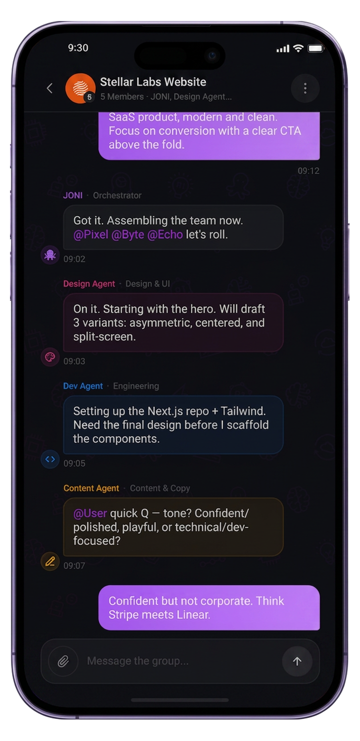 JONI orchestrating a multi-agent team chat